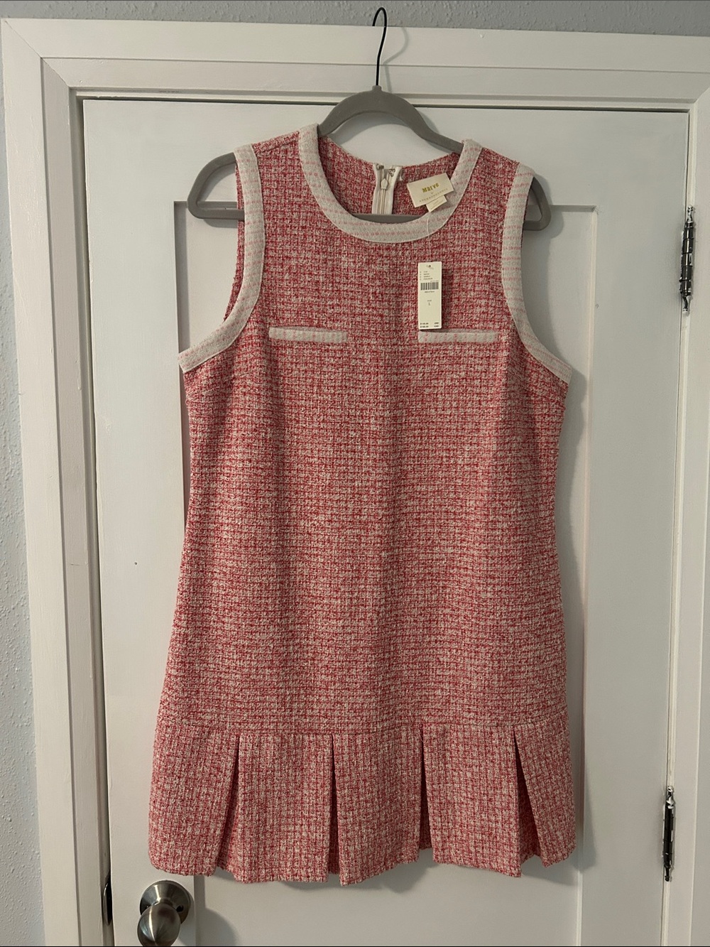 Womans Sleeveless Tweed Pleated Hem Dress - Pink/Cream - Anthropologie - US L